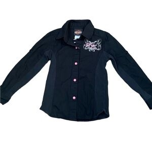 Harley Davidson, black long sleeve pink pearl snap button shirt size 5